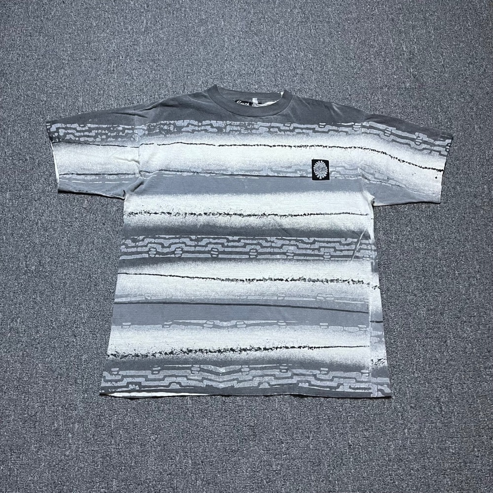 Vintage Beach Blvd T Shirt Large Grey White Abstract All Over Print 90s Surf Tee